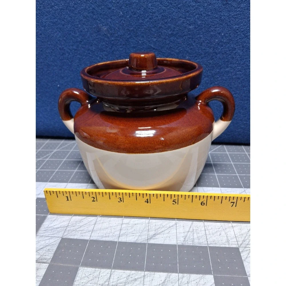 McCoy Bean Pot‎ Brown Cream Two Tone Stoneware Double Handle Lid 341 USA